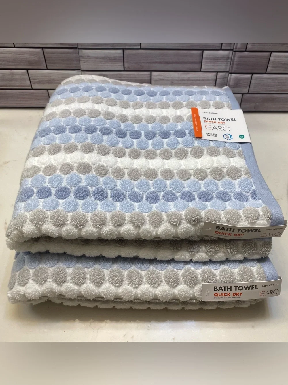CARO home ❤️ Ultra soft 100% Cotton Dot/ Striped(2) Bath Towels Blue NWT
